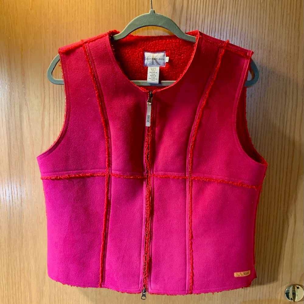 Calvin Klein Jeans Fushia Pink Faux Suede/ Red Interior Vest- Size L